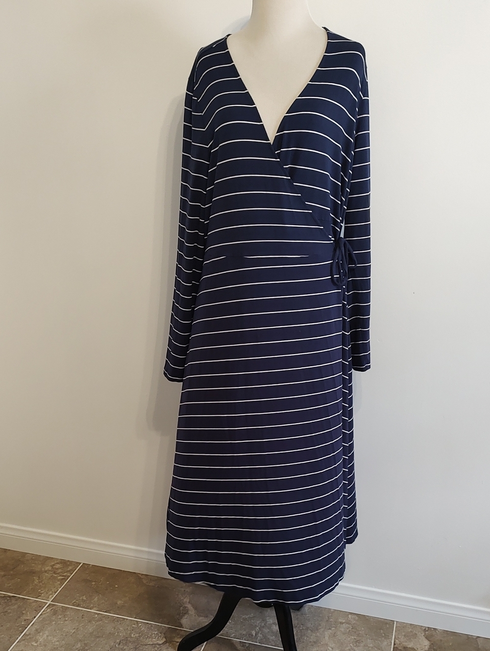 Old Navy Blue And White Striped Long Sleeve Wrap Dress